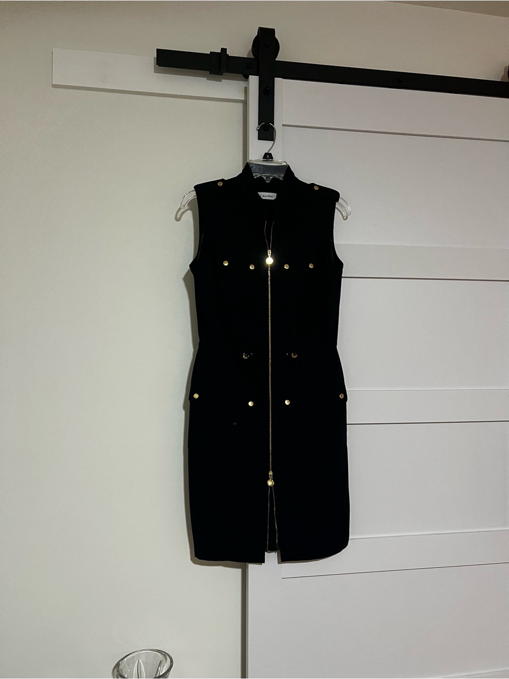 Navy Blue Sleeveless Zip-Front Dress with Gold Hardware